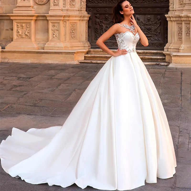 Слоновая кость Роскошное атласное свадебное платье Swanskirt, потрясающее бальное платье с круглым вырезом и кристаллами, платье для невесты с часовым шлейфом, размер F220 - Цвет: Слоновая кость