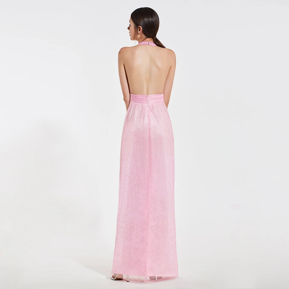 Платье на бретельках элегантный розовый с лямкой через шею трапециевидной формы