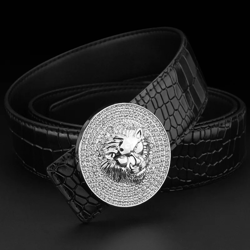 Black Silvery buckle Мужская модная дизайнерская Роскошная Пряжка из металлического сплава пояс со львом пояс из коровьей кожи широкий пояс высокого качества Ceinture Homme - Цвет: Black Silvery buckle