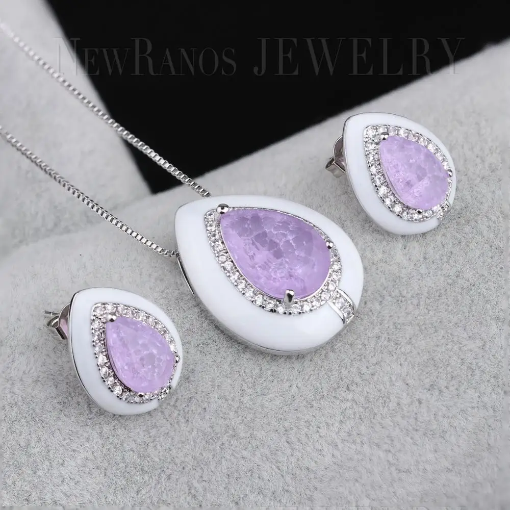 Newranos Pedra Fusion камень Эмаль Ювелирные наборы Фиолетовый капли воды ожерелье