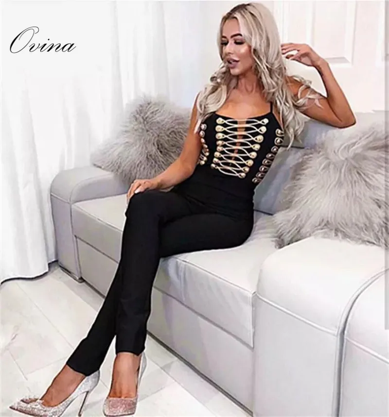 Top Quality Mini Strapy Gold Button Sleeveless Bandage Women Jumpsuit