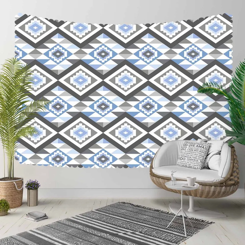 

Else Gray Blue Ethnic Turkish Tiles Geometric Ethnic 3D Print Decorative Hippi Bohemian Wall Hanging Landscape Tapestry Wall Art