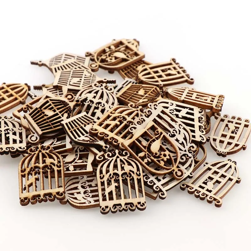 50Pcs DIY Wooden birdcage pendant Embellishments Crafts Scrapbooking Supplies Hand-made Graffiti Buttons