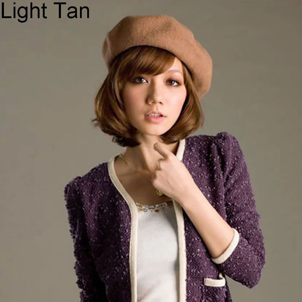 Light Tan Теплый шерстяной зимний женский берет, шапка, Одноцветный Французский Берет для девушек, Классический женский берет, Прямая поставка - Цвет: Light Tan