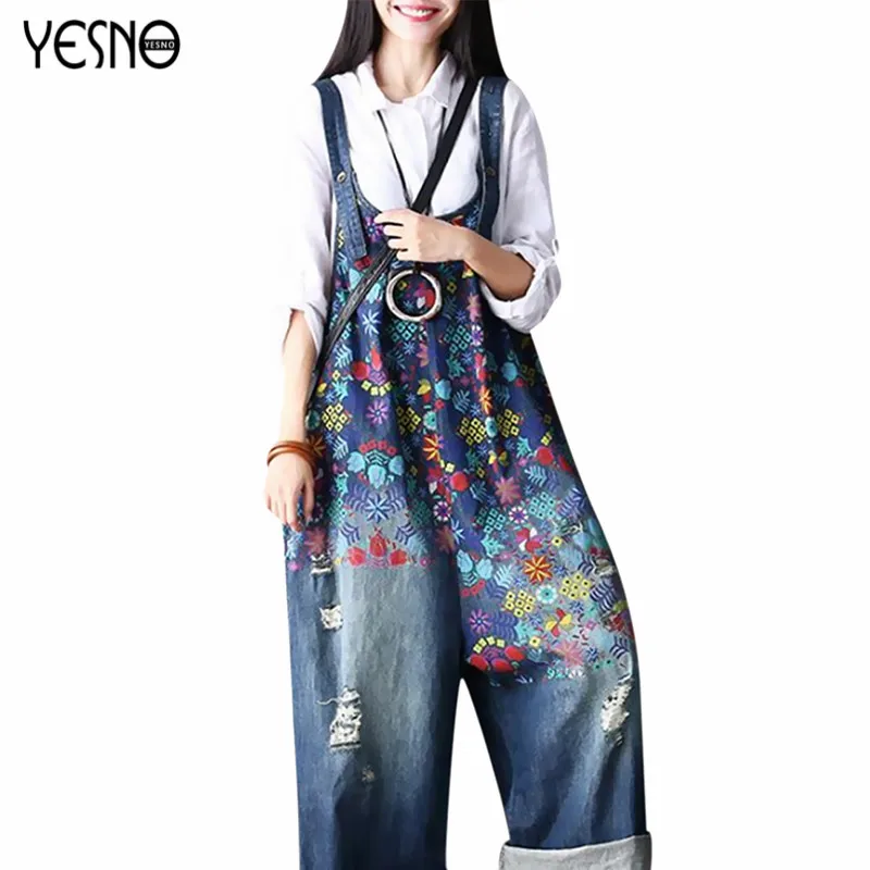YESNO PF1 Женские повседневные джинсы джинсовые комбинезоны с цветочным принтом