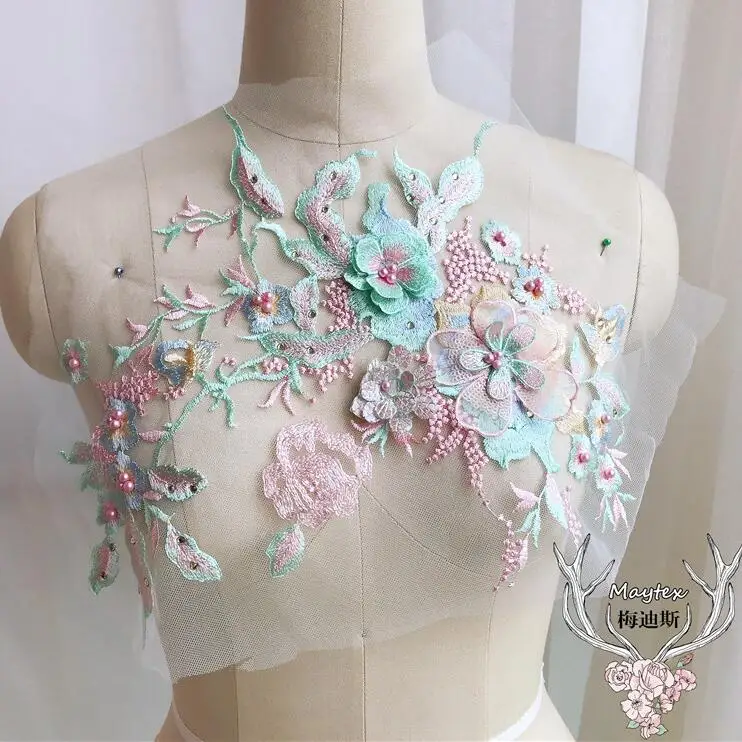 2 Pieces 33*28cm Pink Green Beaded Rhinestone Lace Applique Costume Evening Dress Clothing Accessories Pearl Trims Patches | Дом и сад