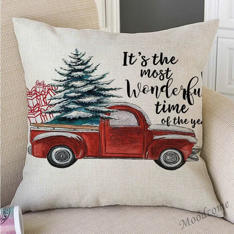 Merry Christmas Decoration Farm Fresh Tree Truck Nordic Sofa Throw Pillow Case Cotton Linen Xmas Art Car Cushion Cover | Дом и сад