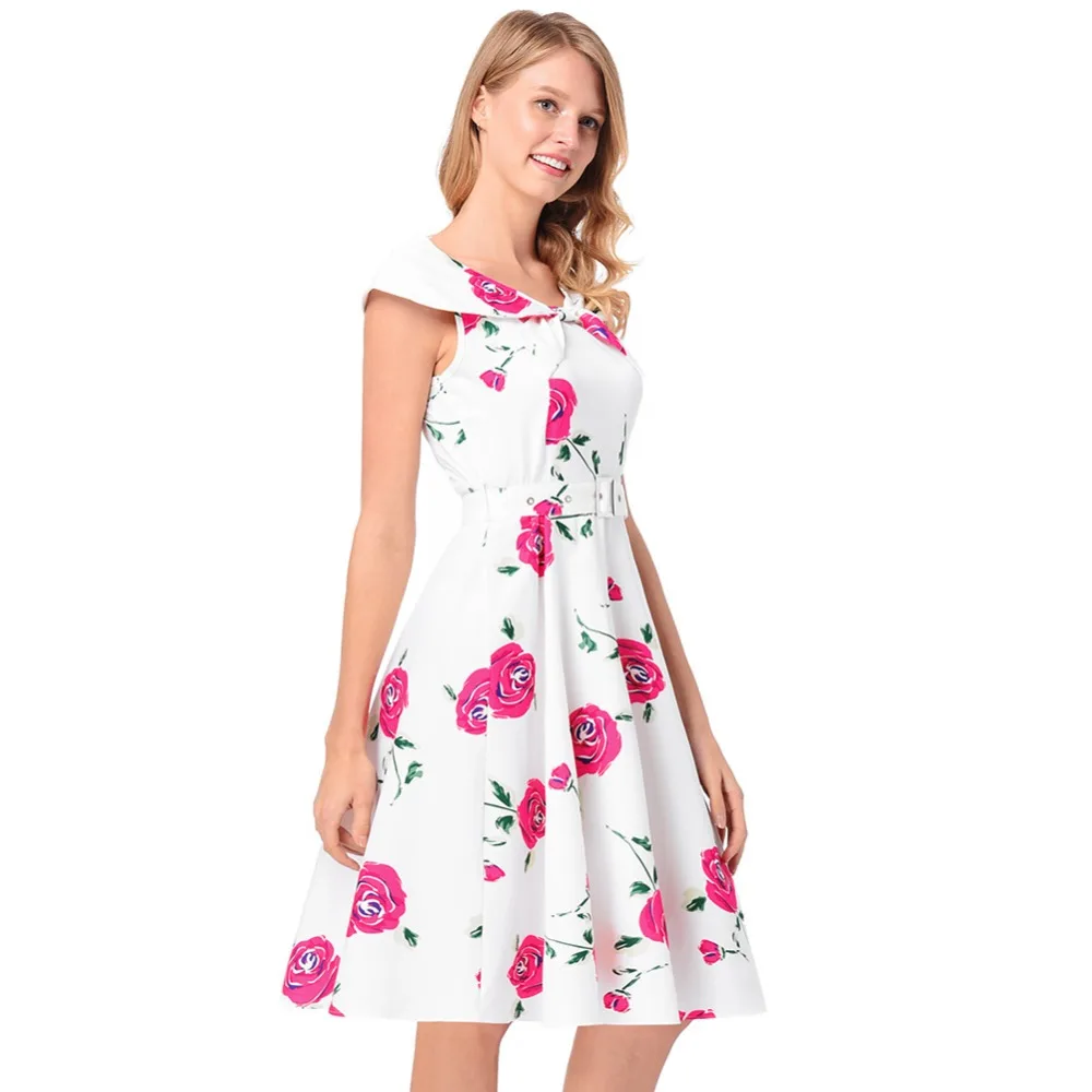 2018 summer new print dress women's lapel hepburn retro style formal midi with belt | Женская одежда