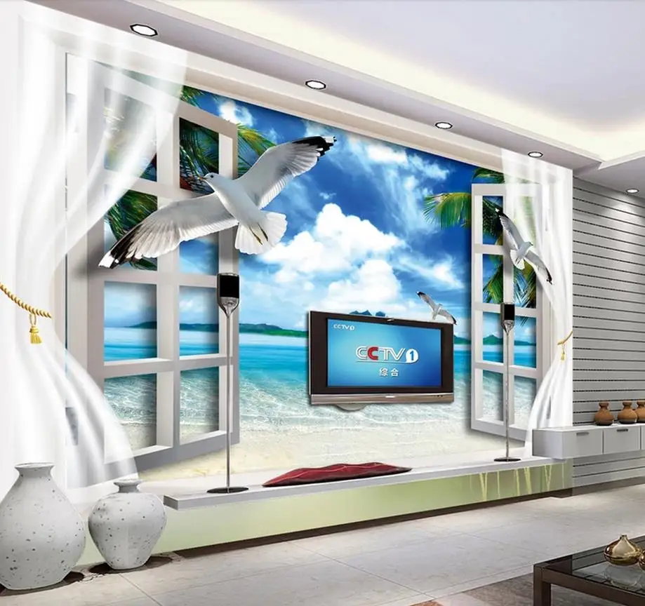 Пользовательские 3d фото обои фрески Средиземноморский пляж подоконник морской