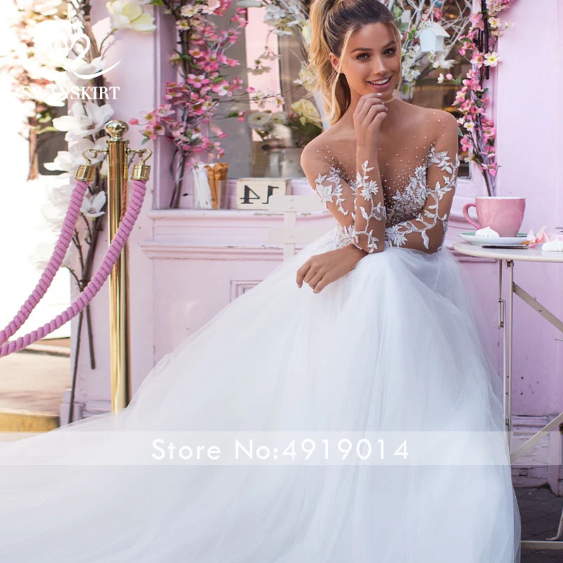 Fairy Tulle Wedding Dress Swanskirt Sweetheart Long Sleeve Illusion A-Line Princess Bride Gown Princess Robe De Mariee I169
