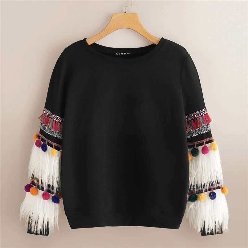 SHEIN Свитшот С Меховой Отделкой, Стильный Свитшот С Отделкой Из Эко Меха И Длинными Рукавами