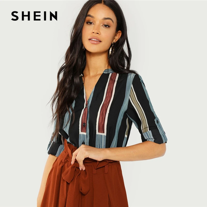 SHEIN Блузка В Полоску С V-Образным Вырезом, Стильная Блуза С Контрастными Полосками, Блуза С Длинным Рукавом
