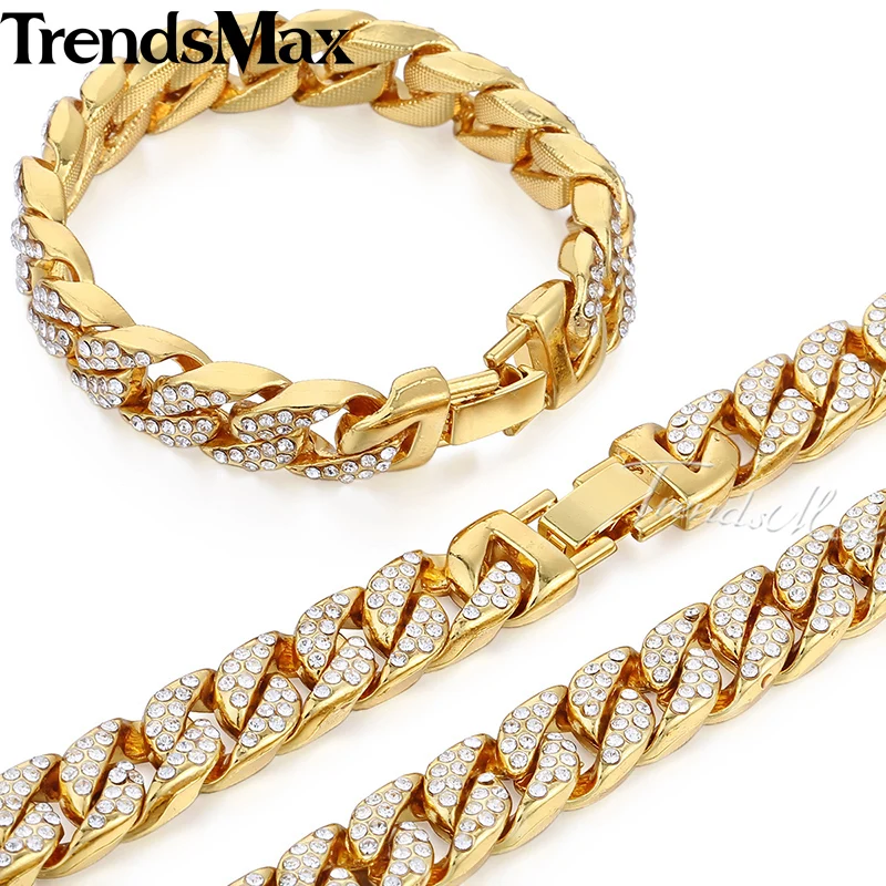 Trendsmax, хип-хоп, кантри, кубинские, женские, мужские, ожерелье, браслет, ювелирный набор, Iced Out, золотой, серебряный цвет, 14 мм, GS259