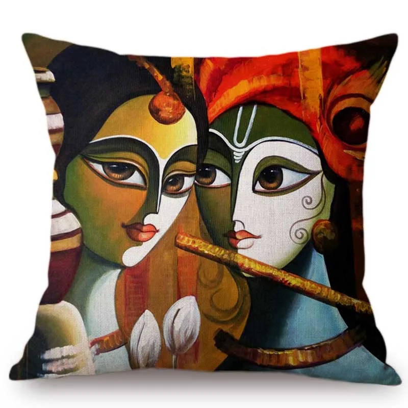 India Cultural Radha Krishna Oil Painting Valentine Day Home Decoration Sofa Throw Pillow Case Exotic Ethnic Linen Cushion Cover | Дом и сад