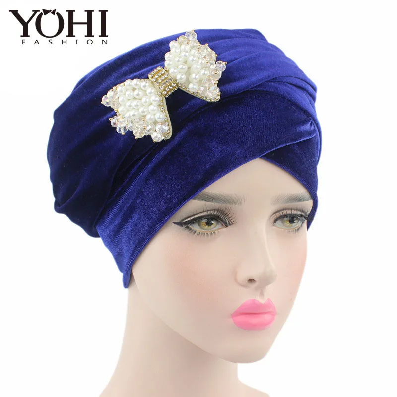 

New luxury hijab velvet Turban Head Wrap Extra Long Turban Headwrap Tie with pearl bowknot brooch for women