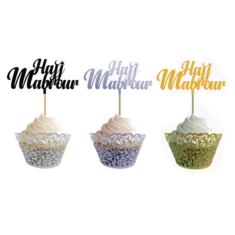 50 шт. блестящая бумага Hajj Mubrour Cupcake Topper черный золотой серебряный mubarak торт