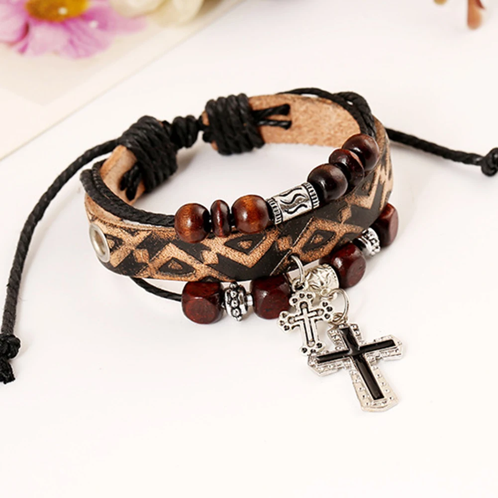 Винтаж крест кулон Многослойные Бусины Искусственная кожа кос браслет |