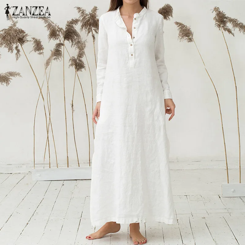 ZANZEA, бренд, женское платье, Осеннее, повседневное, свободное, хлопок, Vestidos, длинный рукав, сексуальное, с разрезом, макси, длинные платья размера плюс - Цвет: White