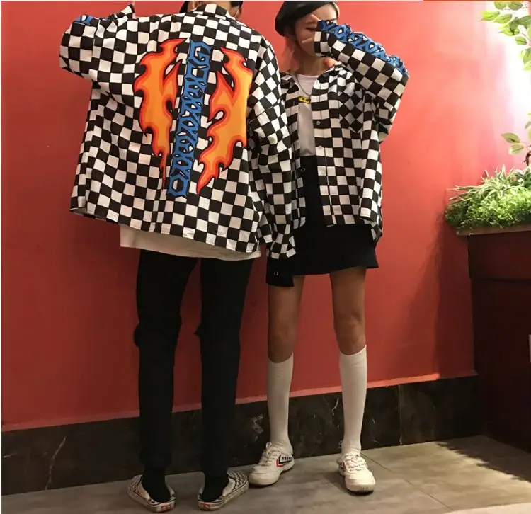 Корейский Ulzzang Harajuku черно-белая клетчатая рубашка с принтом огненного пламени, свободная куртка с длинными рукавами