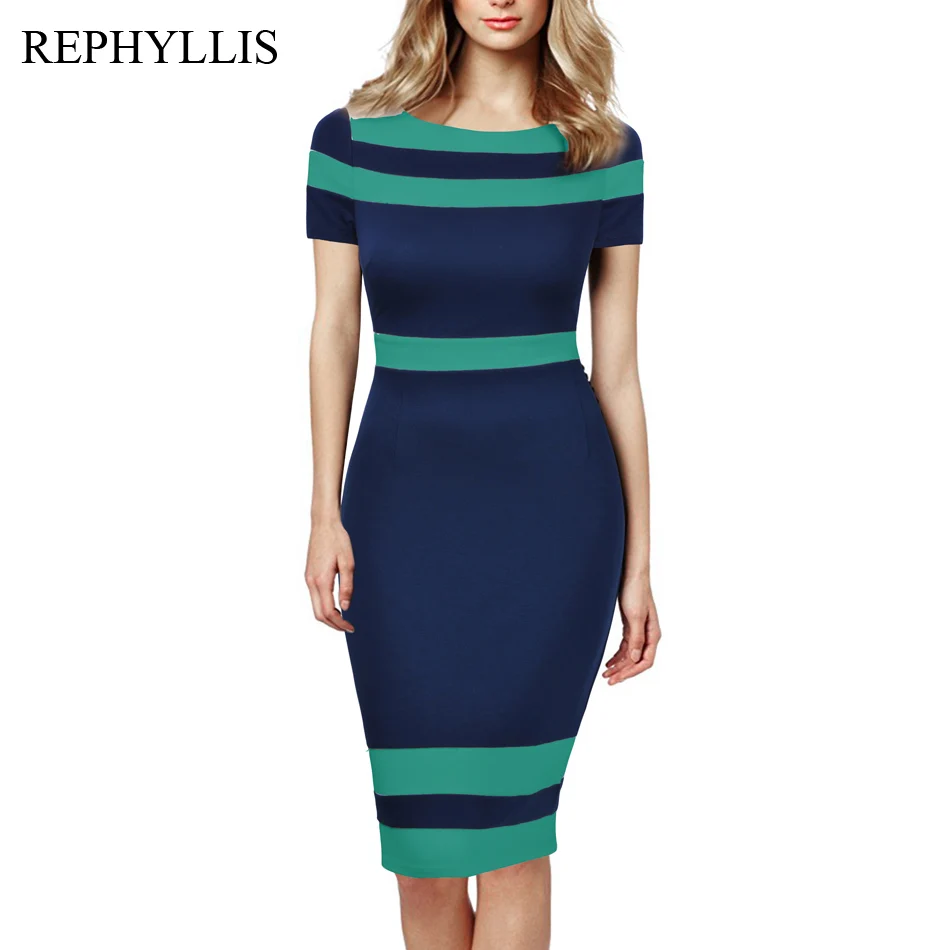 Blue-Green REPHYLLIS женское платье-карандаш с коротким рукавом, с вырезом лодочкой, в стиле пэчворк, повседневное, деловое, офисное, элегантное, облегающее - Цвет: Blue-Green