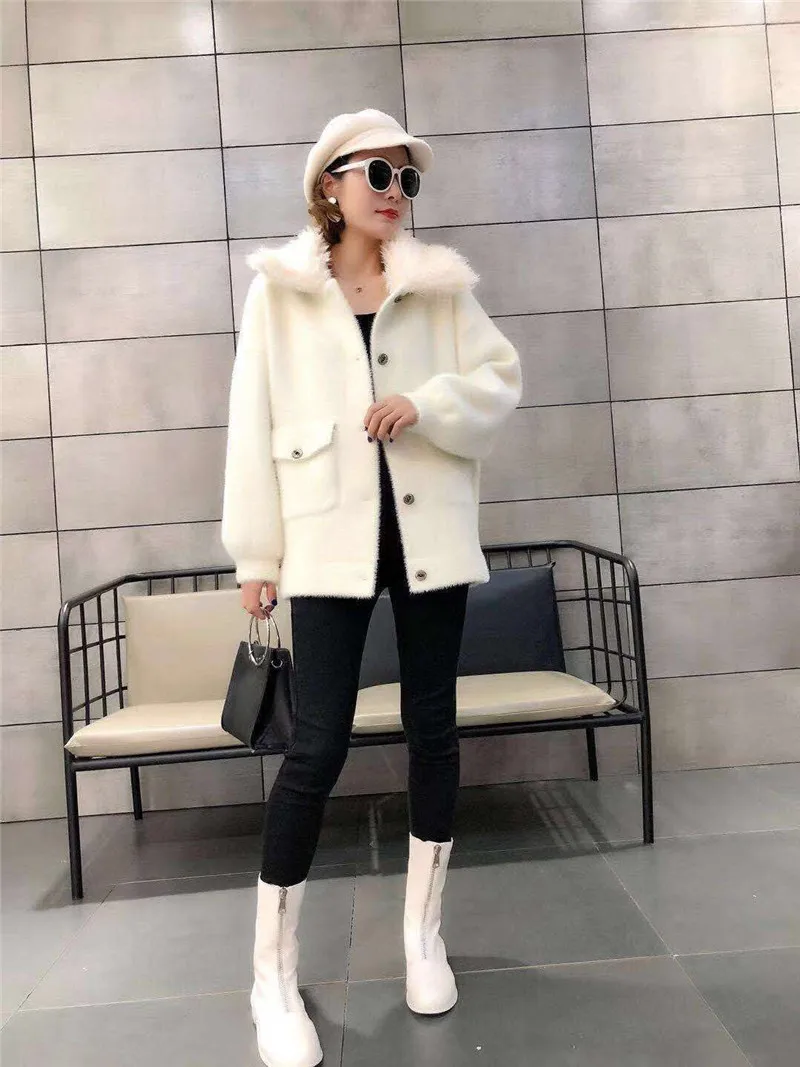 Woman Fashion Lapel Imitated Mink Outcoat Warm Tassel Thickened Pocket Long Sleeve Pure Color Jacket Female Winter New |