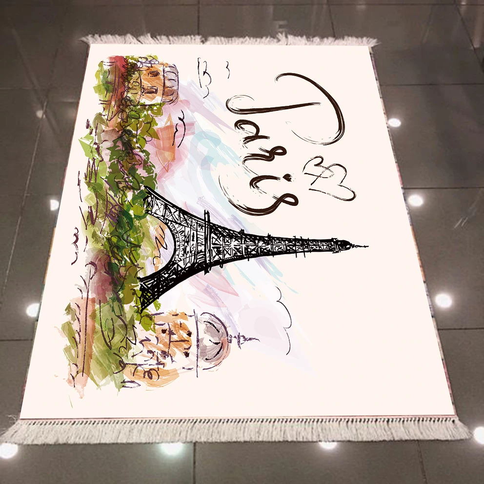 Else Eiffel Tower Paris Writen Floral Flowers Landscape 3d Microfiber Anti Slip Back Washable Decorative Kilim Area Rug Carpet | Дом и сад