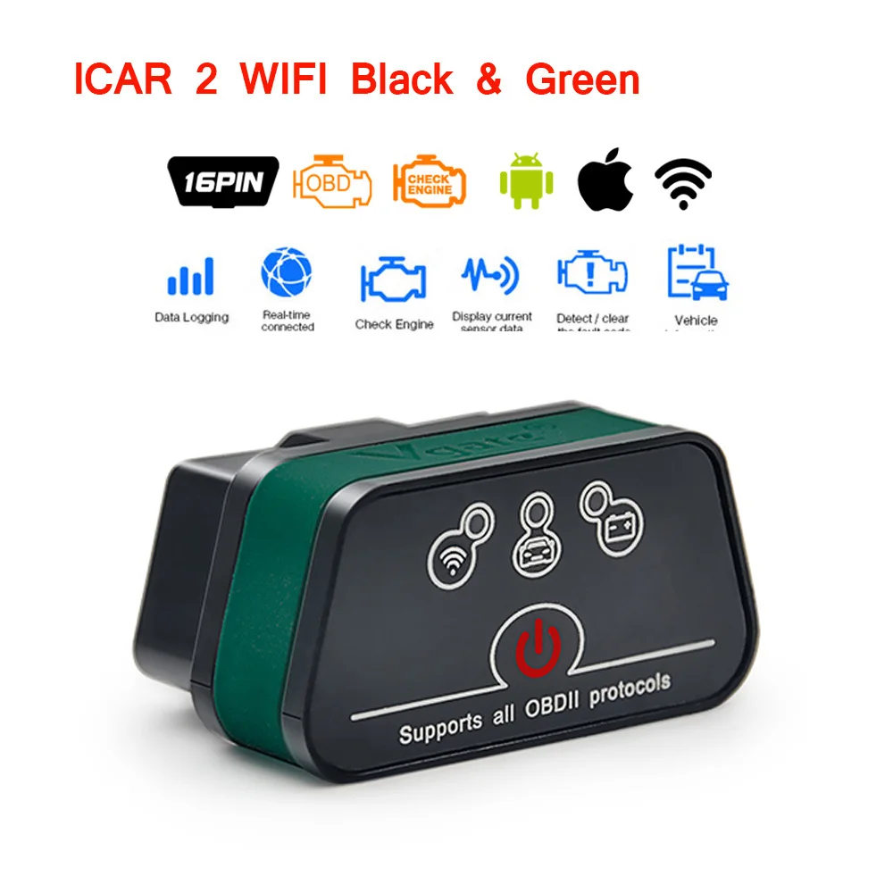 Vgate icar2 Wi-Fi OBD2 диагностический инструмент ELM327 Wifi OBD 2 сканер Мини ELM327 для android/PC/IOS считыватель кодов - Цвет: Icar 2 WIFI Green