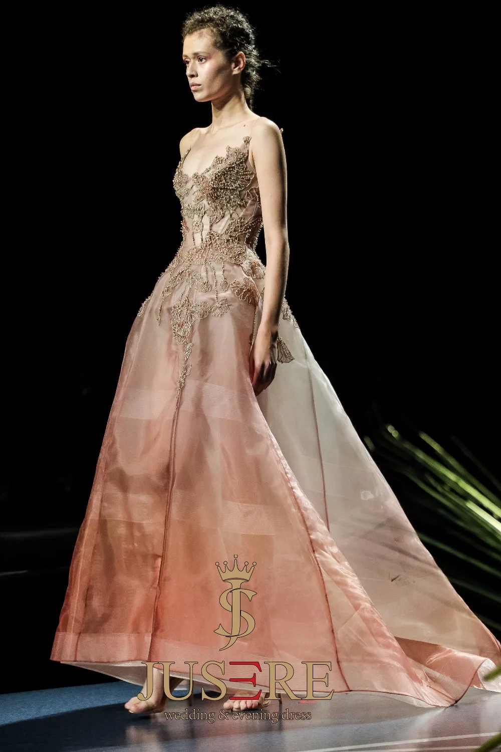 JUSERE FASHION SHOW Champagne Long Evening Dress Beaded Sleeveless See Through Floor Length Party Gown robe de soiree
