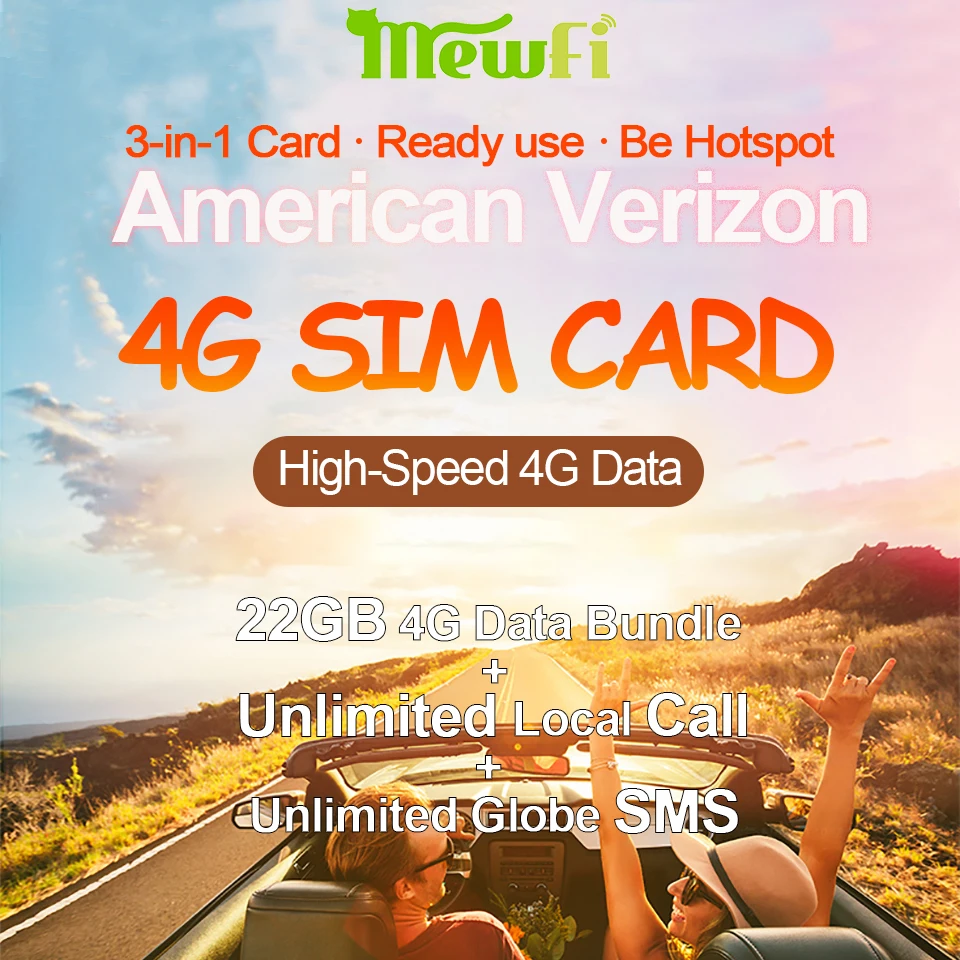 Mewfi Verizon American 4G Sim Card 3in1 Mobile Phone Cut free Data Card+Call&ampSMS Business/Travel 22GB 30 Day