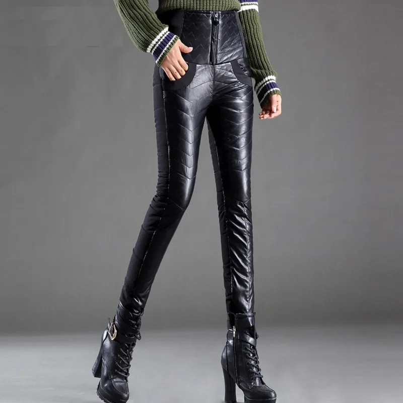 

Womens Winter Down Pants Slim Pencil Pants Fashion Female Warm PU Leather Trousers Legging High Waist Down Pants PT-357