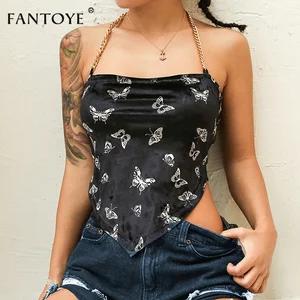 Женский бархатный топ Fantoye, укороченный топ с открытой спиной, с принтом бабочки, на бретелях, с металлической цепочкой, асимметричный, уличный, черный