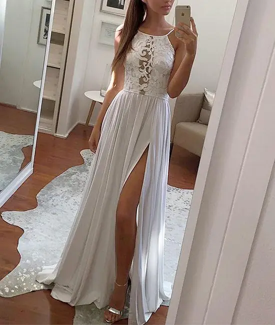 

Simple white lace chiffon Beach Wedding Dresses Lace Slit Bridal Gowns vestidos de noiva