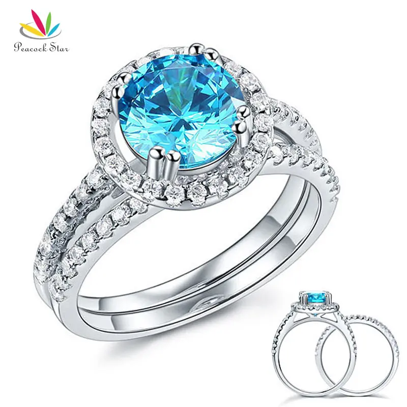 

Peacock Star Solid 925 Sterling Silver Wedding Engagement Halo Ring Set 2 Ct Fancy Blue Jewelry CFR8219