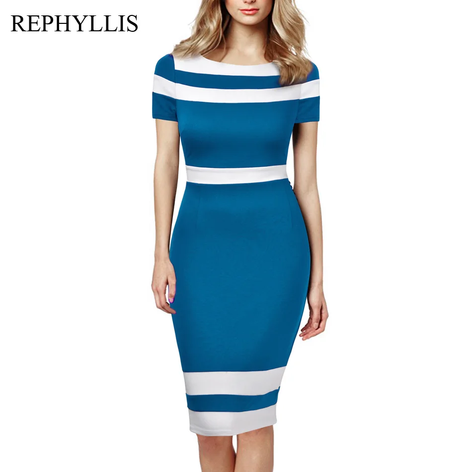 Light Blue REPHYLLIS женское платье-карандаш с коротким рукавом, с вырезом лодочкой, в стиле пэчворк, повседневное, деловое, офисное, элегантное, облегающее - Цвет: Light Blue
