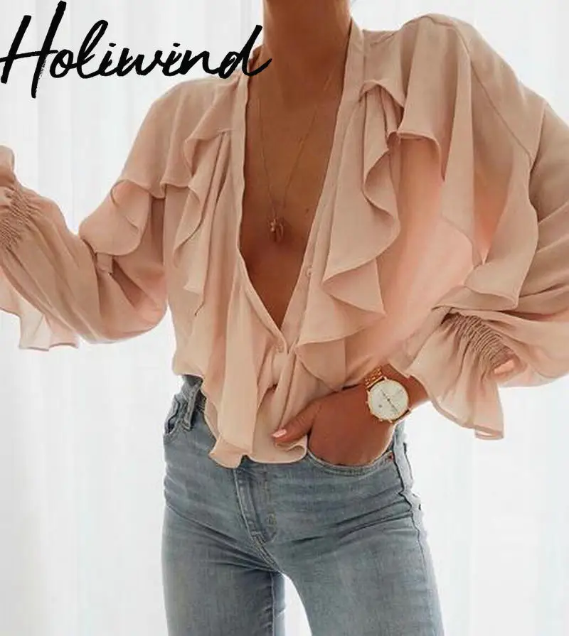 2019 женская розовая шифоновая блузка больших размеров с оборками Элегантная