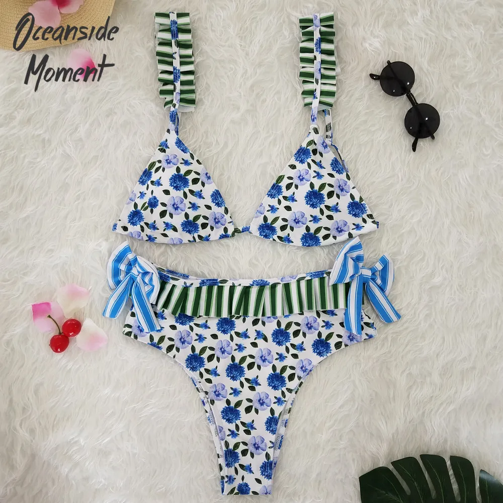 Женский Высокая Талия XL плюс Размеры рюшами бикини пуш-ап Треугольники