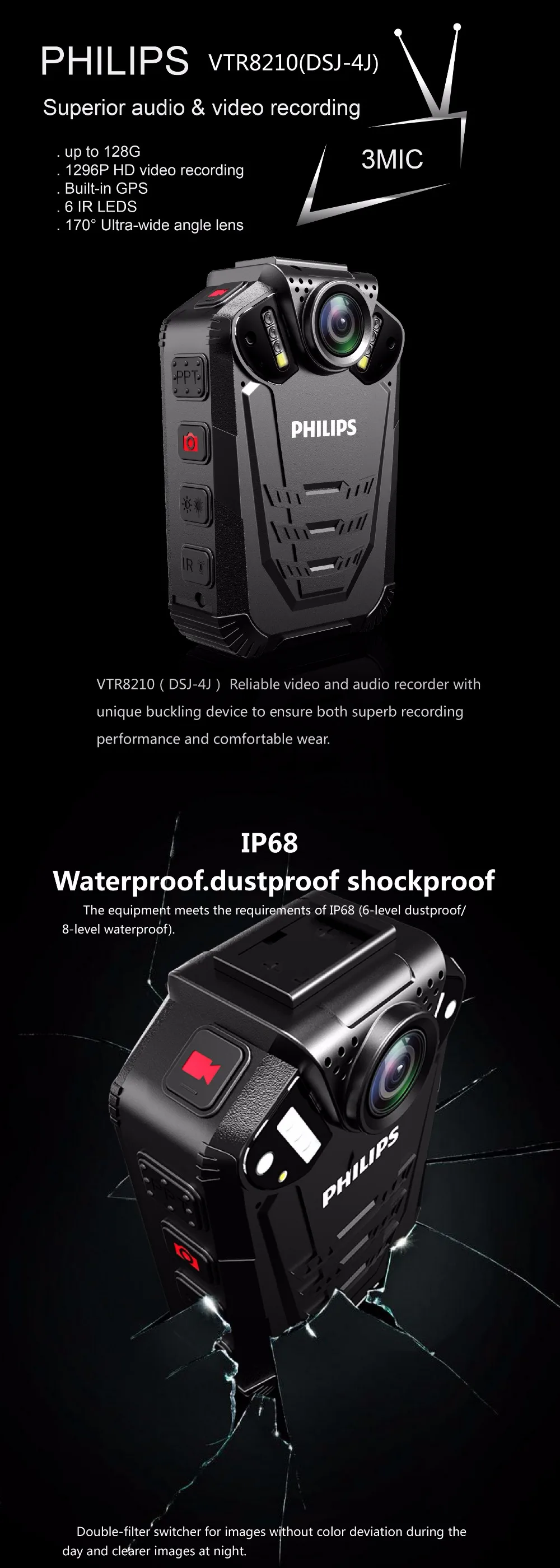 Philips оригинальная полицейская камера Ambralle A7 видео рекордер 170 градусов широкий угол 32 Гб TF карта IP68 уровень защиты VTR8210