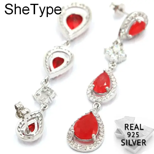 6.2g Romantic Long Real Red Ruby CZ Gift For Girls CZ 925 Solid Sterling Silver Earrings 55x10mm