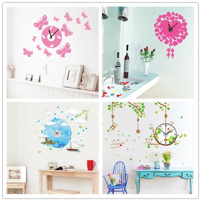 Настенная 3d наклейка с изображением часов иглы Мультяшные цветы клетка розовый