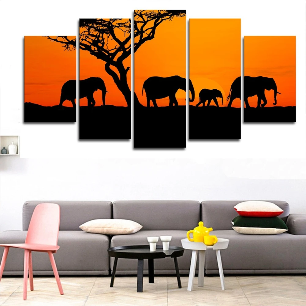 Пятичастное изображение четырех слонов, гуляющих на фоне заката, дерево плакат печати на холсте, современный декор для дома, картинное живопись.
