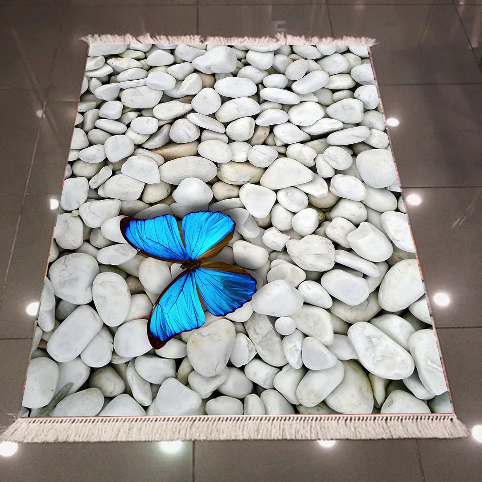 

Else White Gray Pebble Stones on Blue Butterfly 3d Print Microfiber Anti Slip Back Washable Decorative Kilim Area Rug Carpet