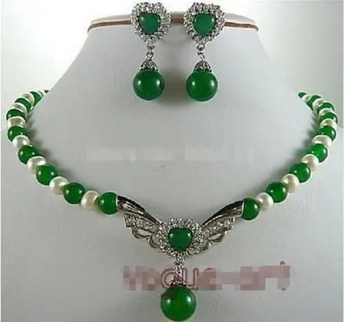 Горячая распродажа! Ожерелье + серьги подвески из белого жемчуга с зеленым камнем