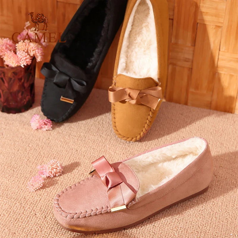 CAMEL Winter New Flats Women Fashion Butterfly Knot Casual Single Shoes Short Plush Fur Comfort Warm Slip On Bean | Обувь
