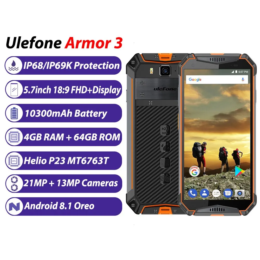 Ulefone Armor 3 прочный мобильный телефон IP68 Водонепроницаемый 4 Гб + 64 5 7 дюймов FHD