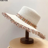 newest fashion women fringed sun beach hats french style girl summer wide brim sun hat casual paper straw hat derby hats shade