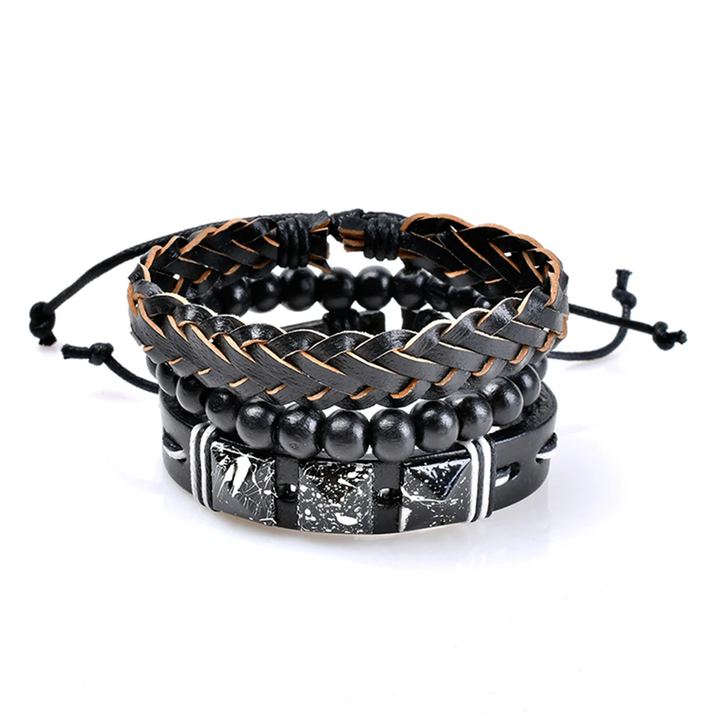 3Pcs Adjustable Faux Leather Braid Bracelets Men's Beads Bangle Bracelet Jewelry | Украшения и аксессуары