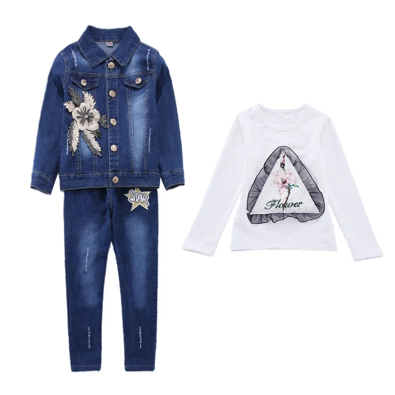 

Spring/autumn period sequins golden flower denim jacket jeans suit children Girls fashion nail bead leisure set kids clothes C64