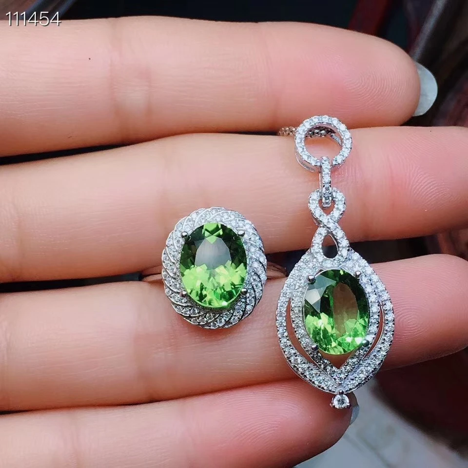 KJJEAXCMY boutique jewelry 925 sterling silver inlaid natural olivine lady Ring Pendant Necklace suit support detection | Украшения и