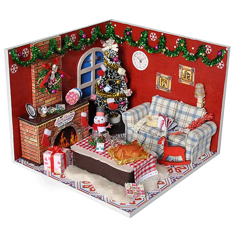DIY деревянный миниатюрный кукольный домик Рождественская мебель игрушка