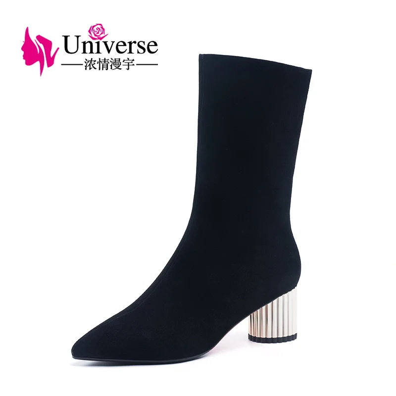 

Women kid suede mid-calf boots warm plush insole black Universe shinning 6cm high heels winter sock boots shoes ladies H204